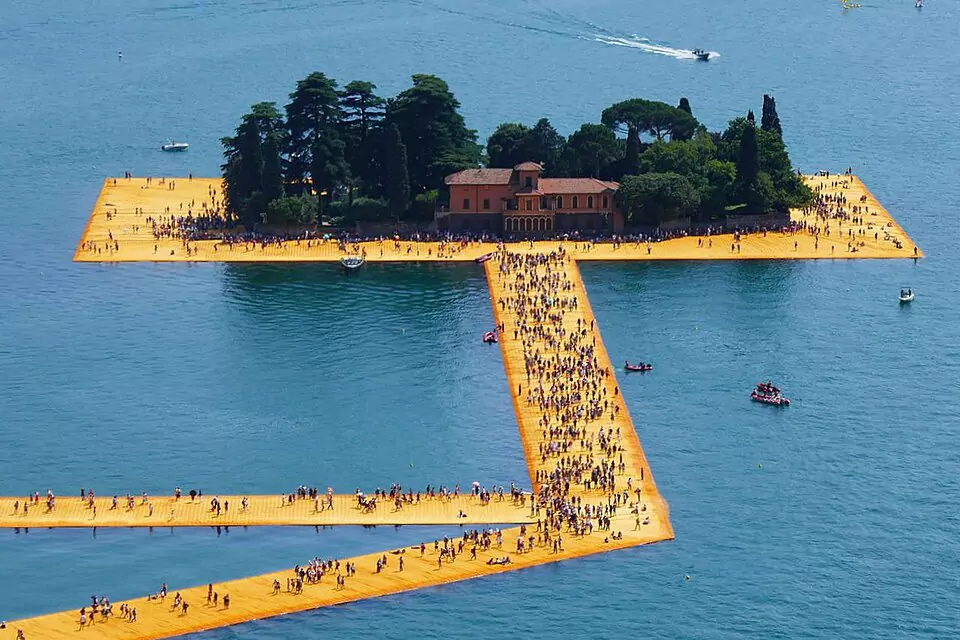 The Floating Piers at the island of San Paolo, by Christo and Jeanne-Claude, viewed from Rocca di Monte Isola, June 2016