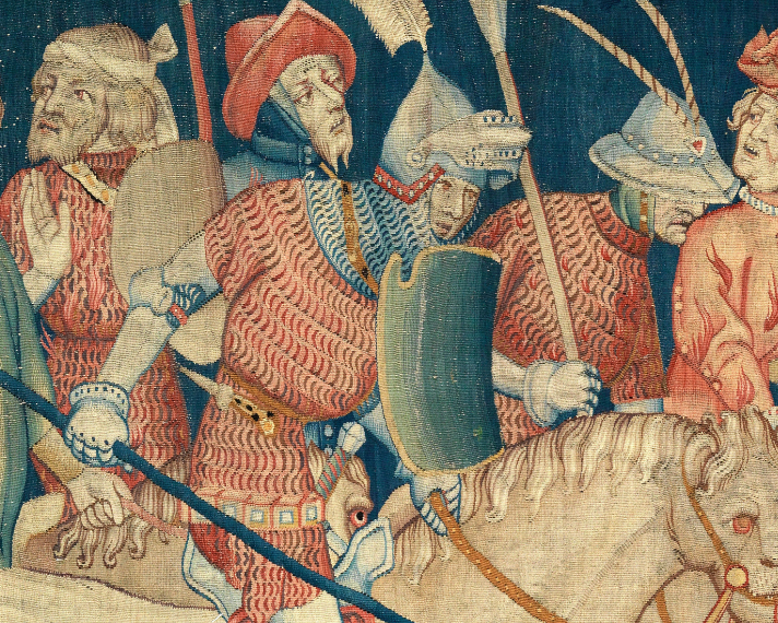 Tapestry of the Apocalypse, detail of a troop of evil horsemen represented as knights. In the foreground, leading the troop, Edward of Woodstock, known as "The Black Prince", is identifiable by his white plume. Scene “The myriads of horsemen”