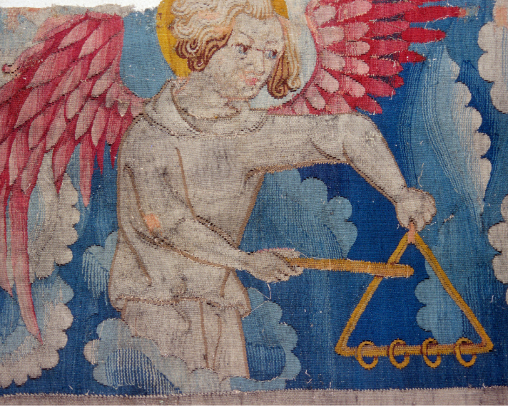Apocalypse Tapestry, detail of a musician angel. Scene “God in Majesty”. Photograph taken from the reverse side.