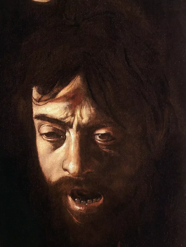 Caravaggio, Detail of 'David with the Head of Goliath', possibly Caravaggio's self-portrait, Oil on canvas, Galleria Borghese, Rome1606-07 or 1609-1610