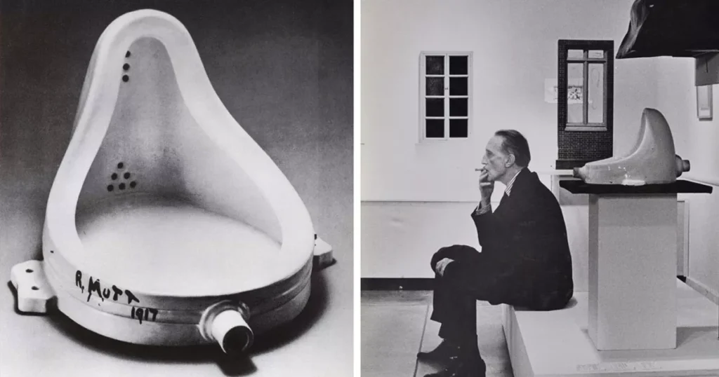 Duchamp, Fountain, 1917 ; Duchamp smoking in front of Fountain
