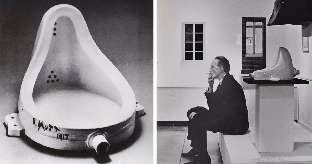 Duchamp, Fountain, 1917 ; Duchamp smoking in front of Fountain