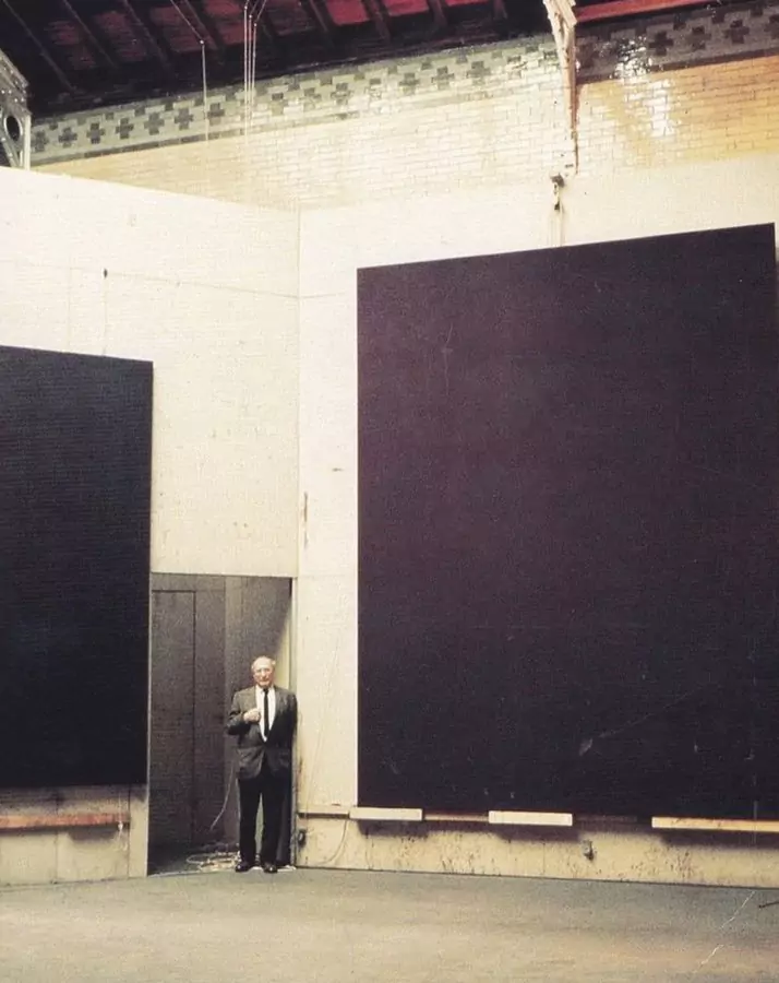 Mark Rothko in his studio, 157 E. 69th St, 1965, with his paintings for the chapel in Houston
