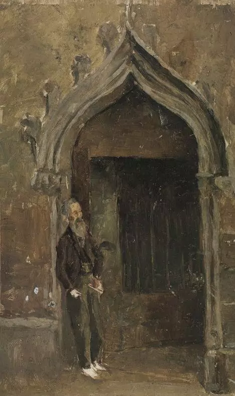 Pablo Picasso, Man leaning against the Gothic gates of the Barcelona Cathedral, 1896. Oil, board. (20.5x13.6).