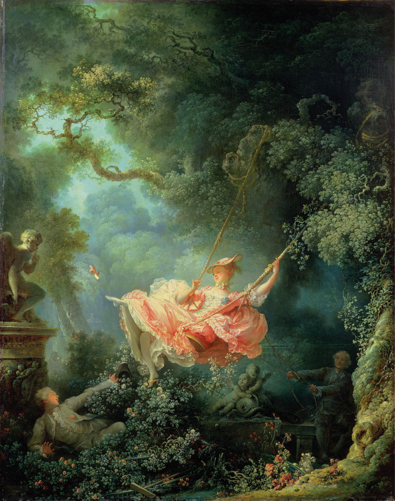 The Swing is a Rococo Oil on Canvas Painting created by Jean-Honoré Fragonard in 1767. It lives at the Wallace Collection in London.
