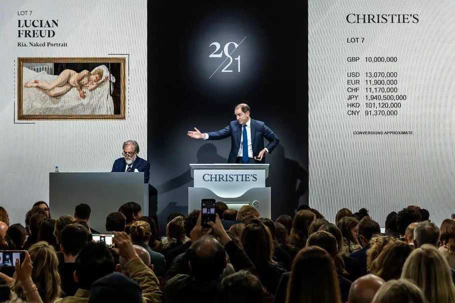 Portrait of Adrien Meyer, global head-private sales and co-chairman of Impressionist and modern art, selling Lucian Freud’s Ria, Naked Portrait,2006–07, at Christie’s, 2024. Courtesy of Christie’s.