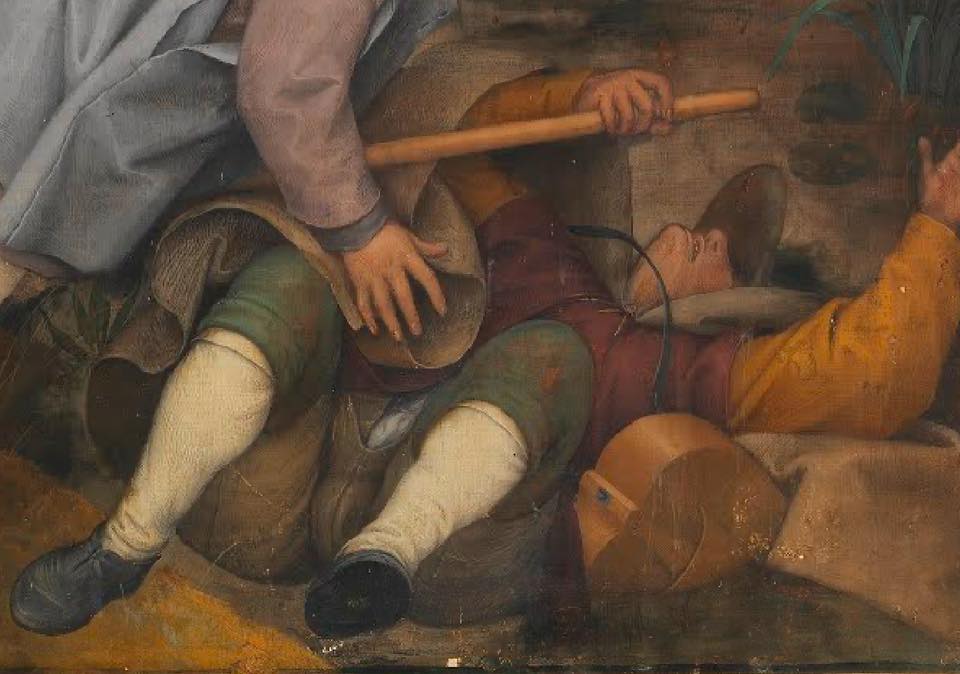 Foreshortening of the protagonist who has already fallen into the ditch, this augmenting the sense of reality in this “moving picture.”