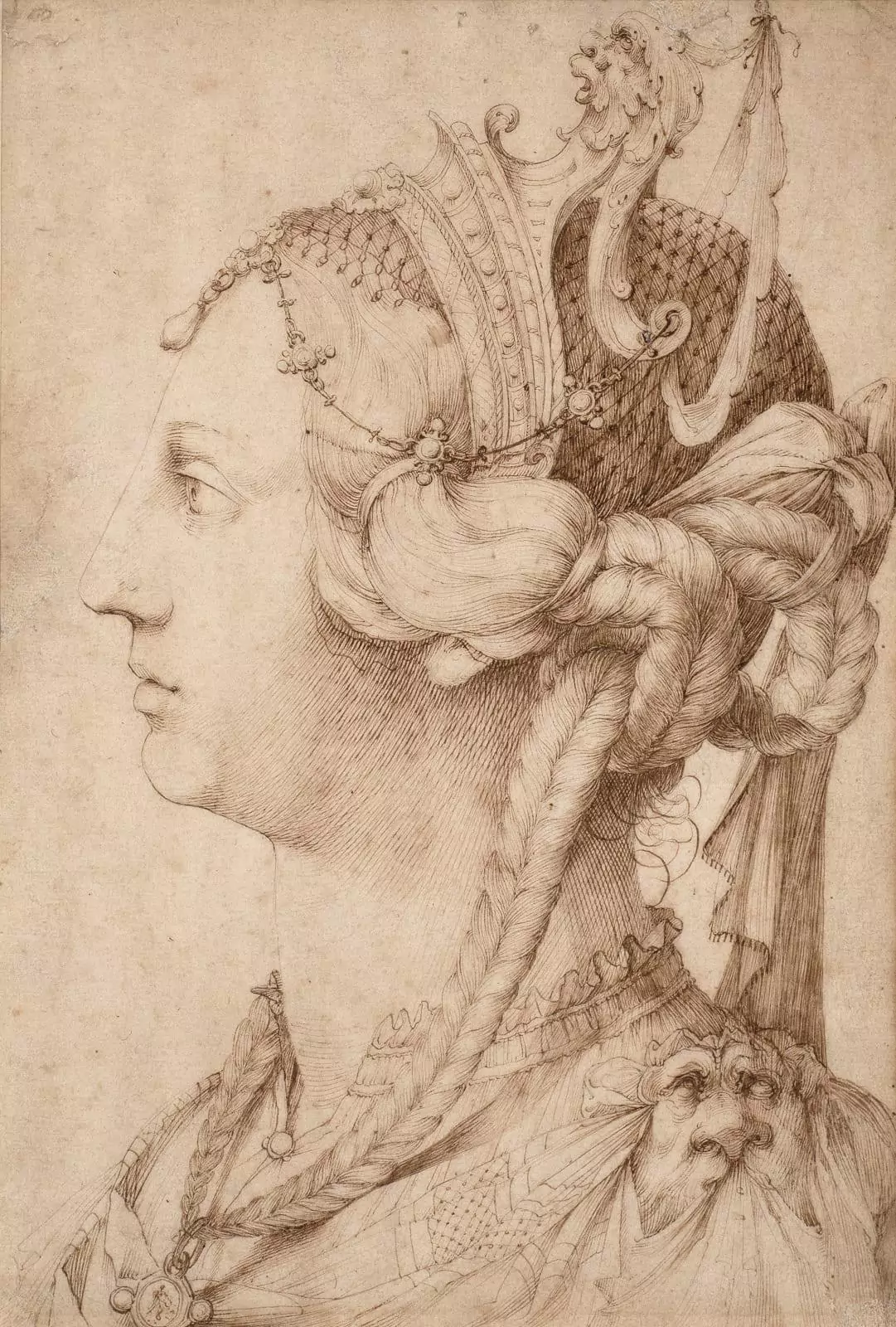 Jacopo Ligozzi, An ideal head of a woman with an elaborate headdress. Pen and brown ink, over traces of black chalk
