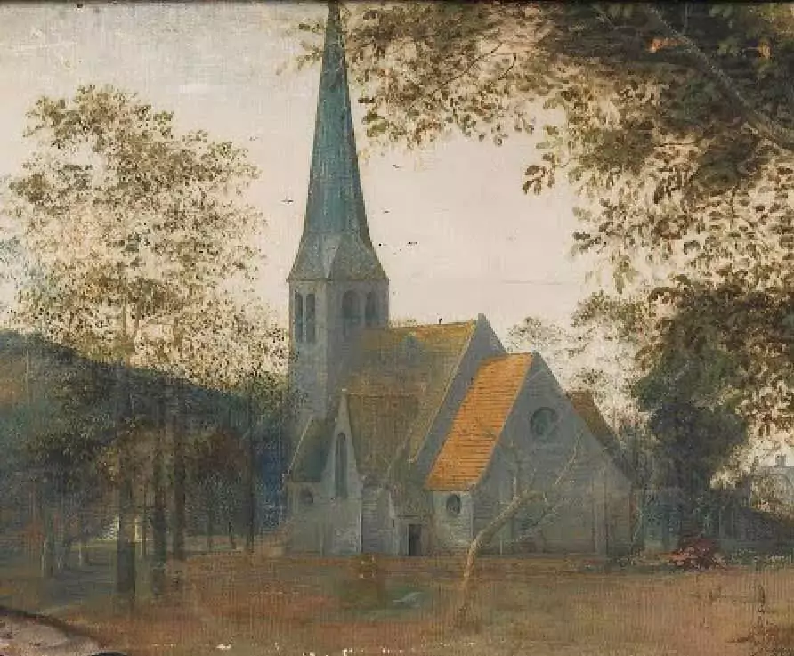 The church in the background has been identified as St-Anna Pede, in Dilbeek, outside of Brussels. This is one of the few paintings by Bruegel the Elder in which a specific location has been identified
