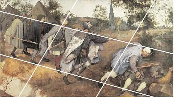 Bruegel the Elder’s “The Parable of the Blind” is an early example of a moving picture narrative in a painting. We see this diagonal movement to the right and down by the movement of each of the men eventually into the ditch and brook in the diagonal line overlay here