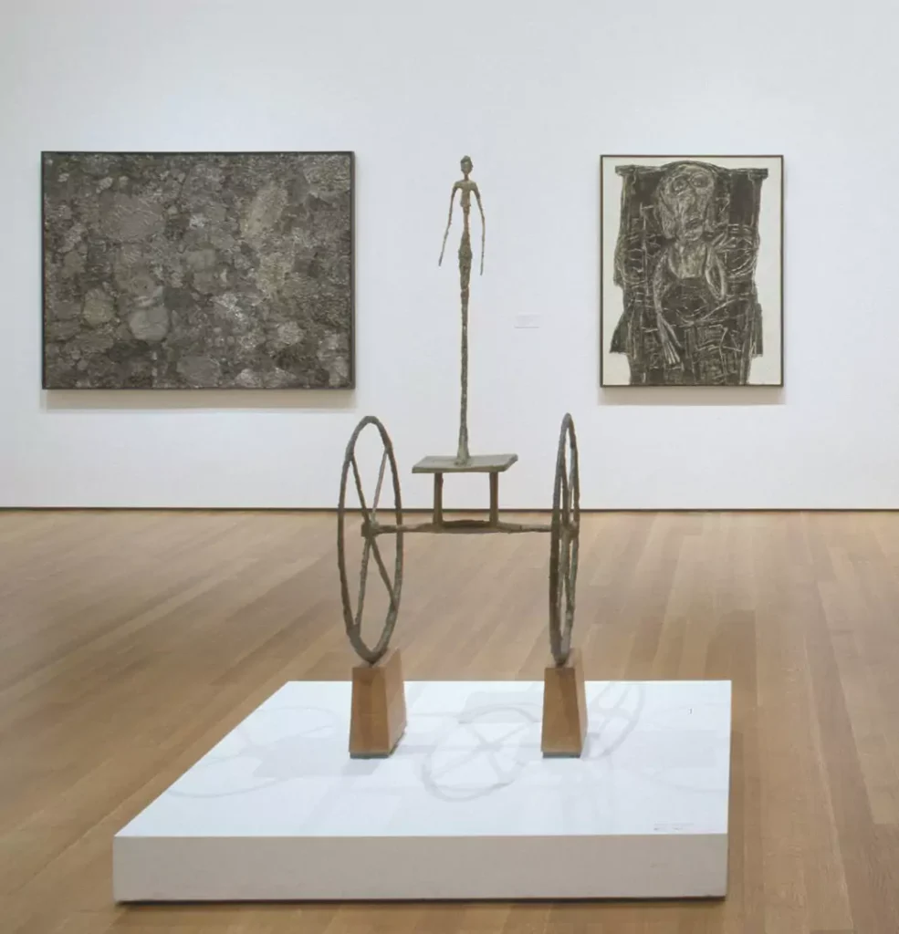 Alberto Giacometti, The Chariot, 1950, Installation view in MoMA of the exhibition Painting and Sculpture, Inaugural Installation