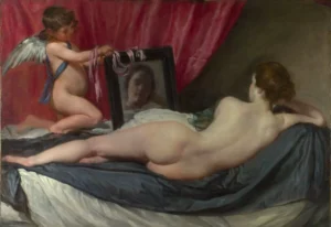 Diego Velazques, Rokeby Venus, c. 1647–1651. 122 cm × 177 cm (48 in × 70 in). National Gallery, London.